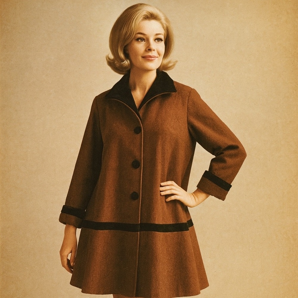 VTG Designs by Projections Women L? Brown Velvet Trim Swing Coat USA Made